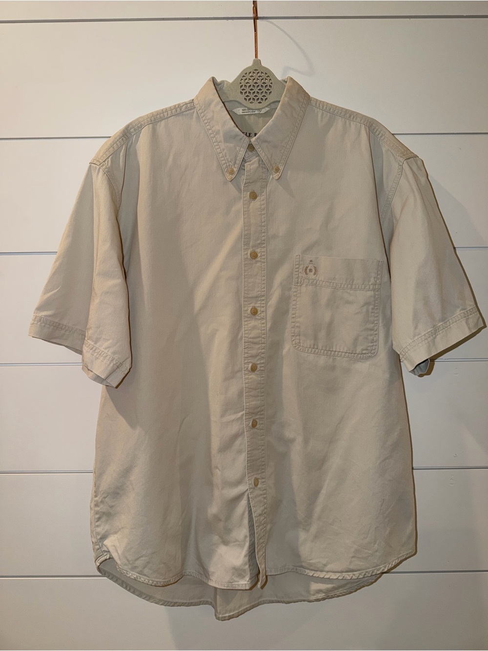 VTG 90s Bugle Boy Shirt Mens Large Khaki Button Down Crest Pocket Normcore GUC